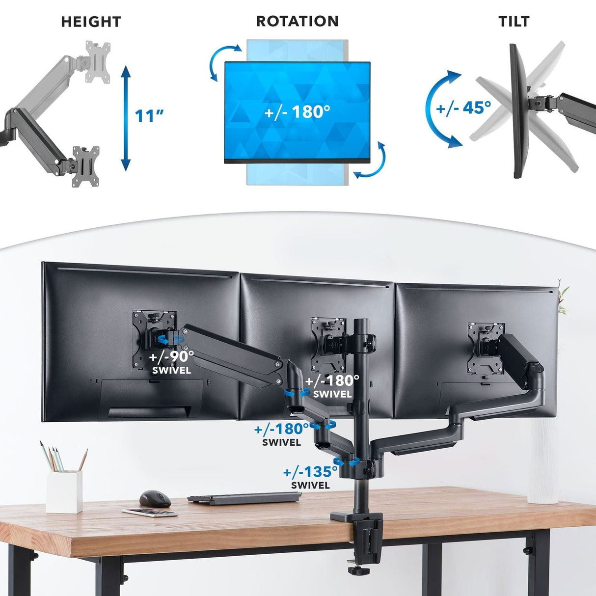 Black Monitor Mount - Triple Monitor Mount with Gas Spring Arms - Mount-It! - MI-4753B