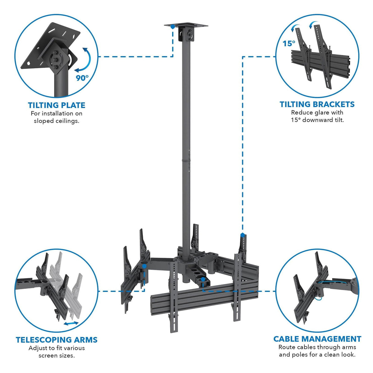 Black TV Mount - Triple TV Display Ceiling Mount - Mount-It! - MI-515