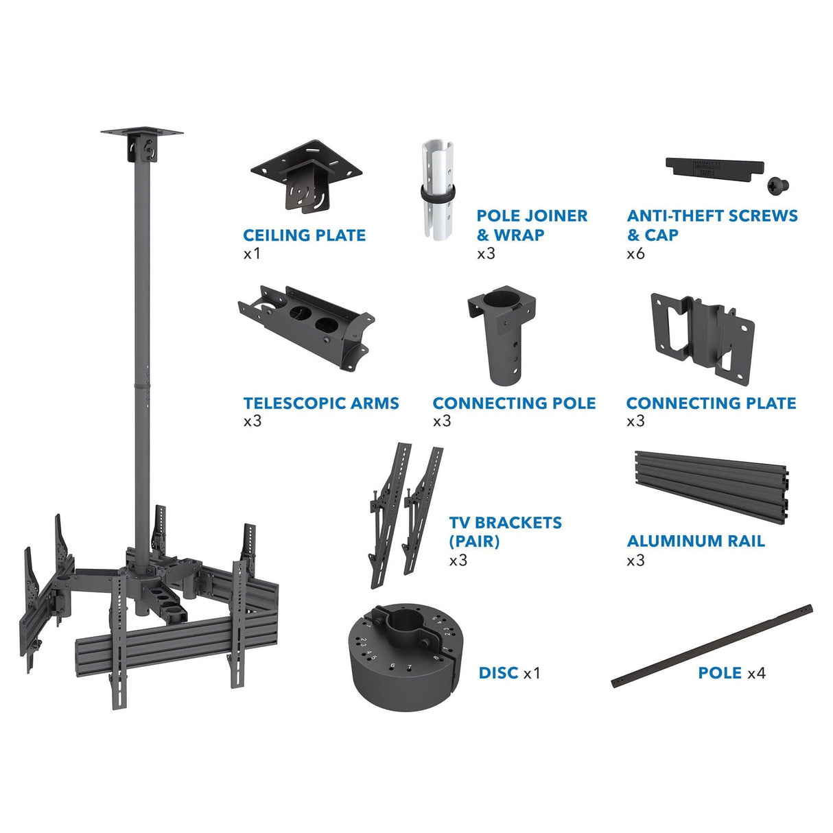 Black TV Mount - Triple TV Display Ceiling Mount - Mount-It! - MI-515