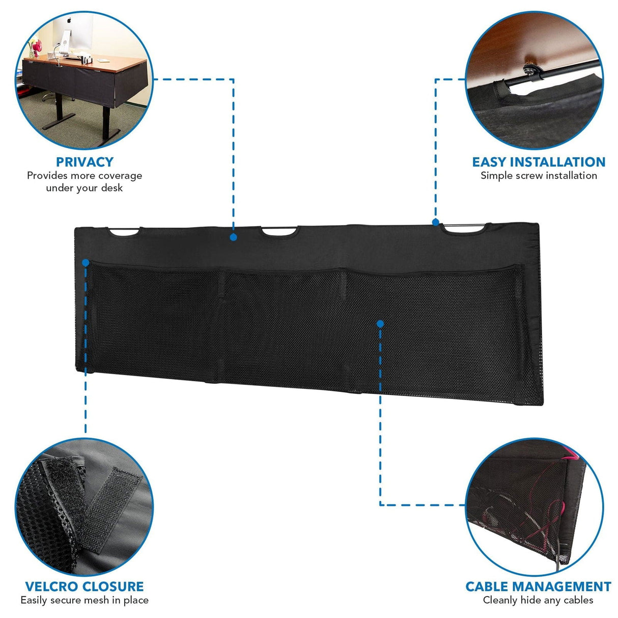 Black Cable Management - Under Desk Privacy Panel - 60" Wide - Mount-It! - MI-7251