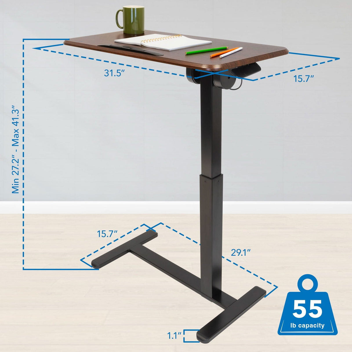 Brown Mobile Standing Desk - Height Adjustable Overbed Desk with Tilt Tabletop - Mount-It! - MI-8045