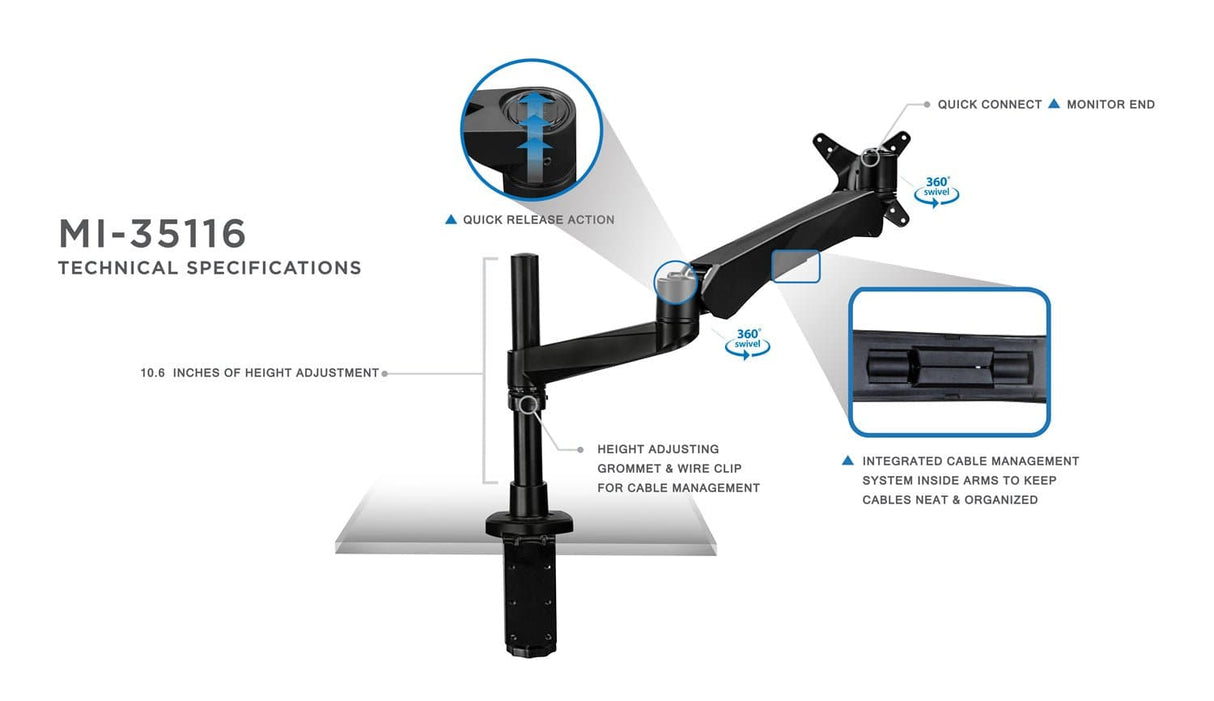 Monitor Mount - CLiX Series Full Motion Single Monitor Desk Mount with Gas Spring Arm - Mount-It! -