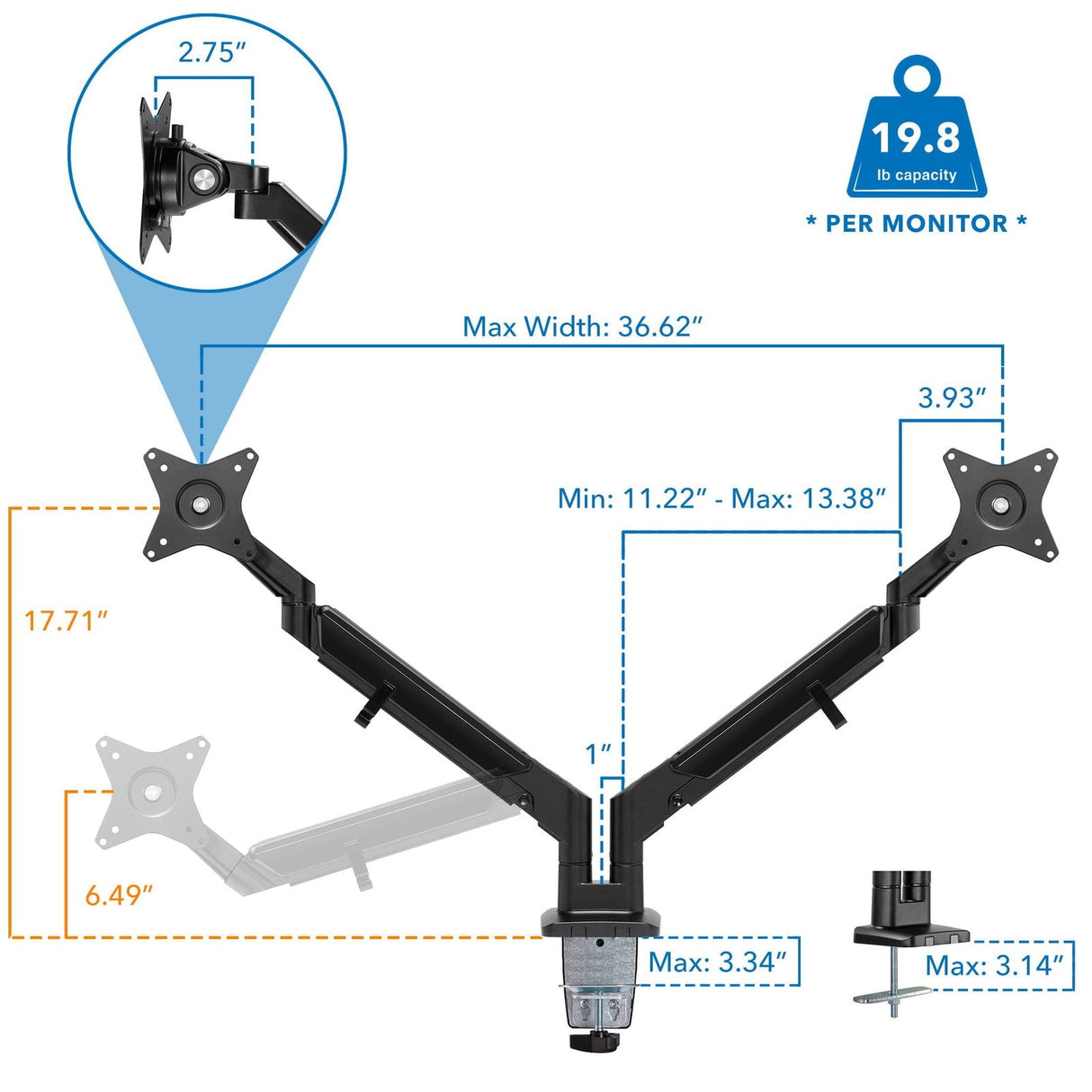 Monitor Mount - Dual Monitor Mount With Low Profile Gas Spring Arms - Mount-It! - MI-4884B