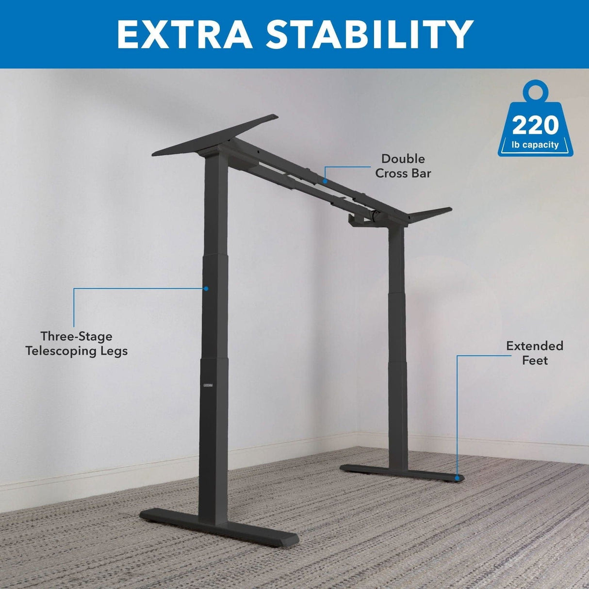 Desk Frame - Dual-Motor, 3-Stage Electric Standing Desk Frame - Mount-It! -