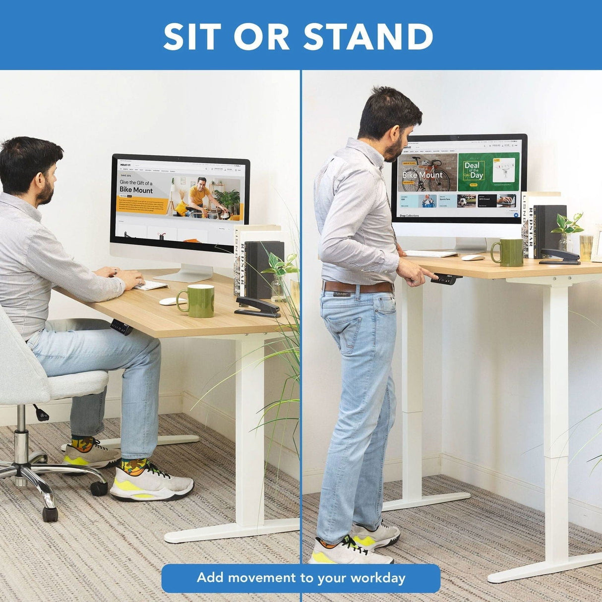 Standing Desk - Dual Motor Electric Standing Desk with 55" Tabletop - White Base - Mount-It! -