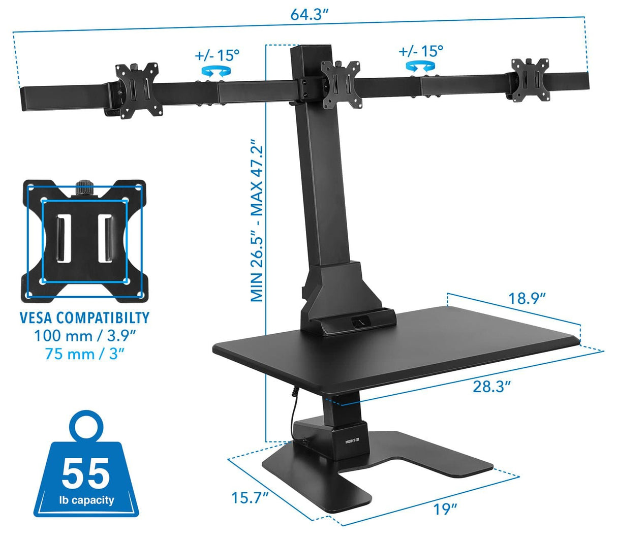 Desk Converters - Electric Standing Desk Converter for 3 Monitors - Mount-It! -