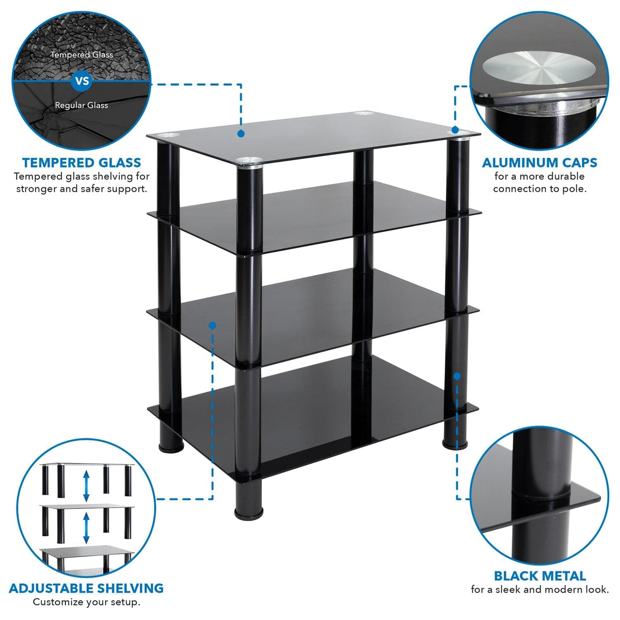 Component Shelves - Four-Tiered Glass A/V Media Stand - Mount-It! - MI-8670