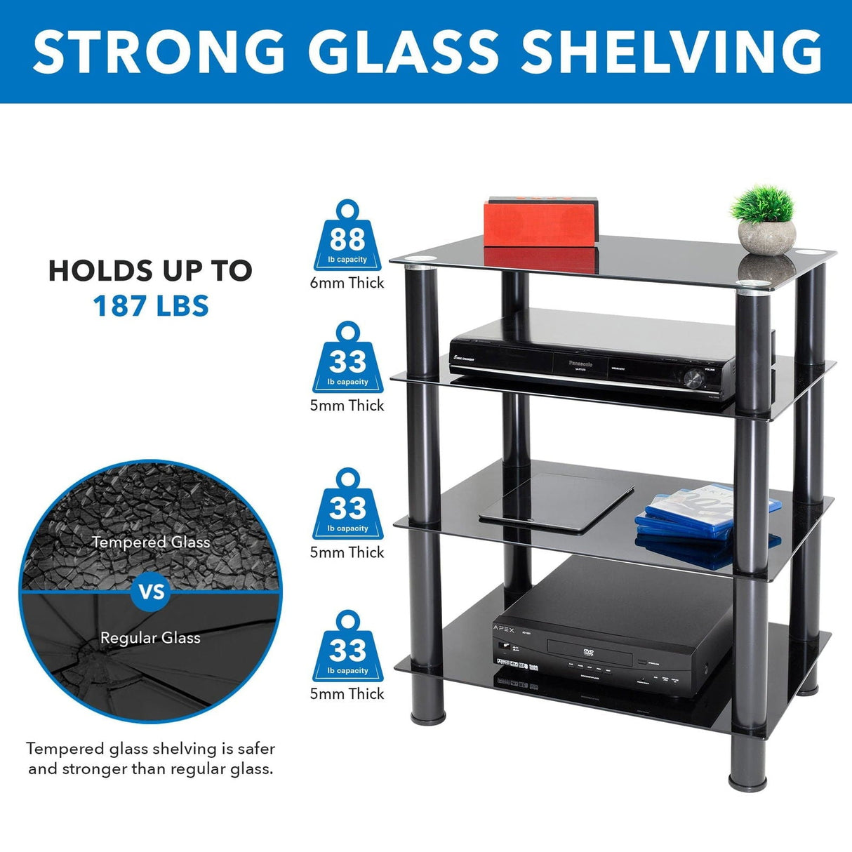 Component Shelves - Four-Tiered Glass A/V Media Stand - Mount-It! - MI-8670