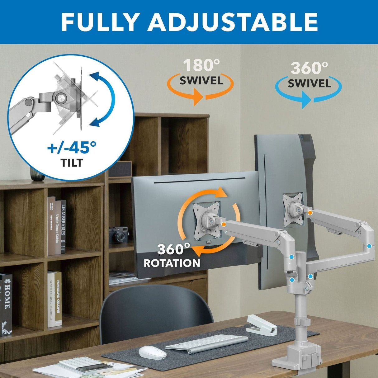 Monitor Mount - Full Motion Dual Monitor Desk Mount, Height Adjustable with Gas Spring Arms - Mount-It! - MI-6772