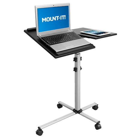 Grey Mobile Standing Desk - Rolling Laptop Tray & Projector Cart - Mount-It! - MI-7945