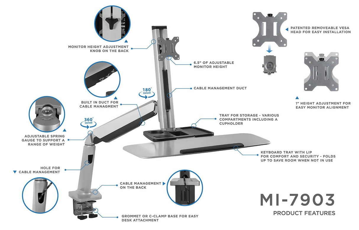 Grey Desk Converters - Single Monitor Adjustable Sit Stand Workstation - Mount-It! - MI-7903