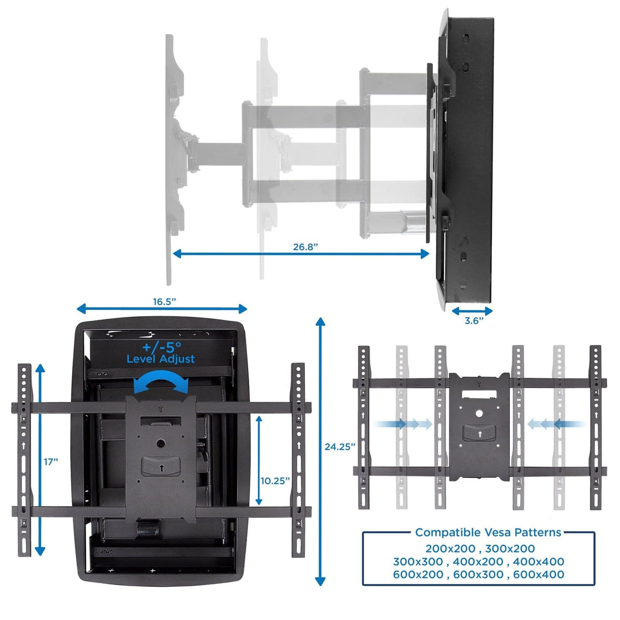 TV Mount - Heavy Duty Full Motion TV Wall Mount with Long Extension and Recessed Base - Mount-It! - MI-381