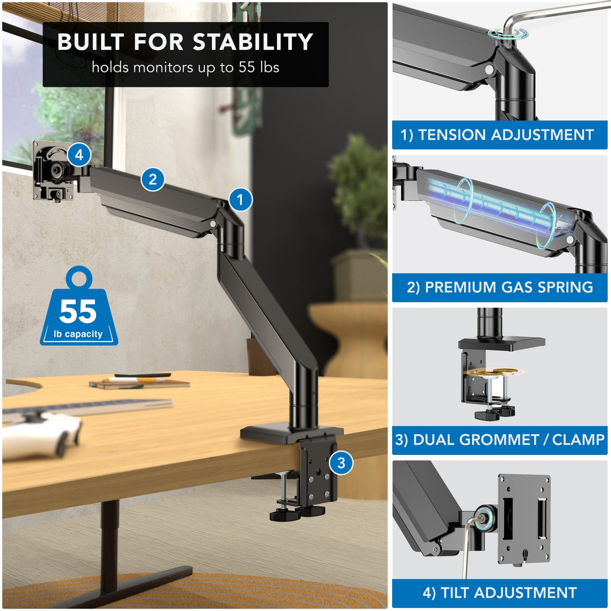 Monitor Mount - Heavy-Duty Single Monitor Desk Mount with Gas Spring Arm - Mount-It! - MI-4891