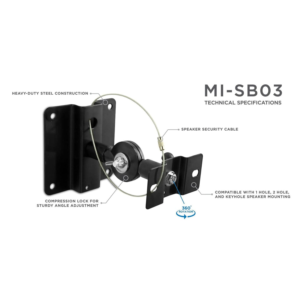 Speaker Mount - Heavy Duty Universal Speaker Mounts for Walls/Ceiling - Black - Mount-It! - MI-SB03