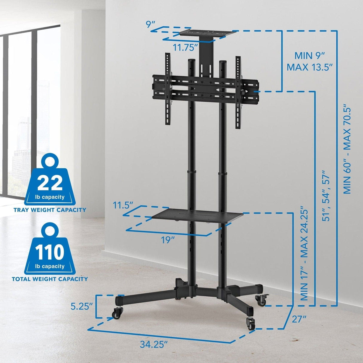 TV Cart - Height Adjustable Mobile TV Cart & Shelf - Mount-It! - MI-876