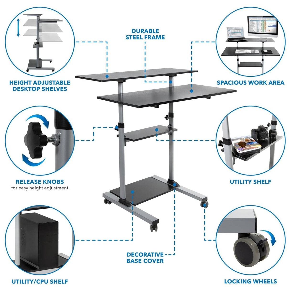 Mobile Standing Desk - Height Adjustable Rolling Stand up Desk - Mount-It! -