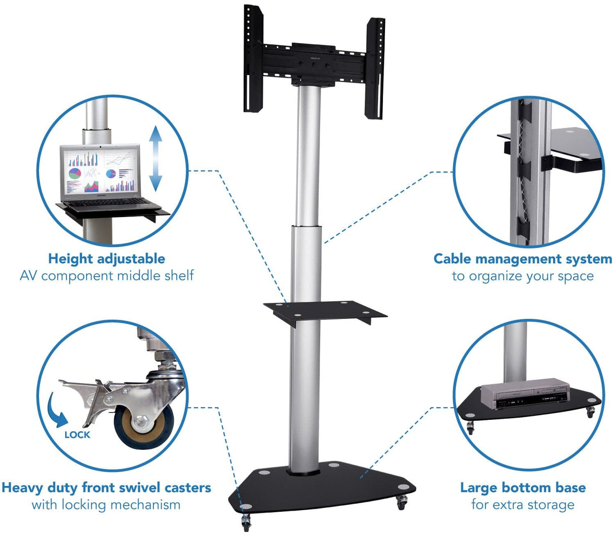 TV Cart - Height Adjustable Rolling TV Stand - Mount-It! - MI-1875