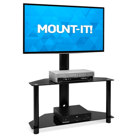 TV Stand - Height Adjustable TV Floor Stand with Mount | 2 Tempered Glass Shelves - Mount-It! - MI-1860