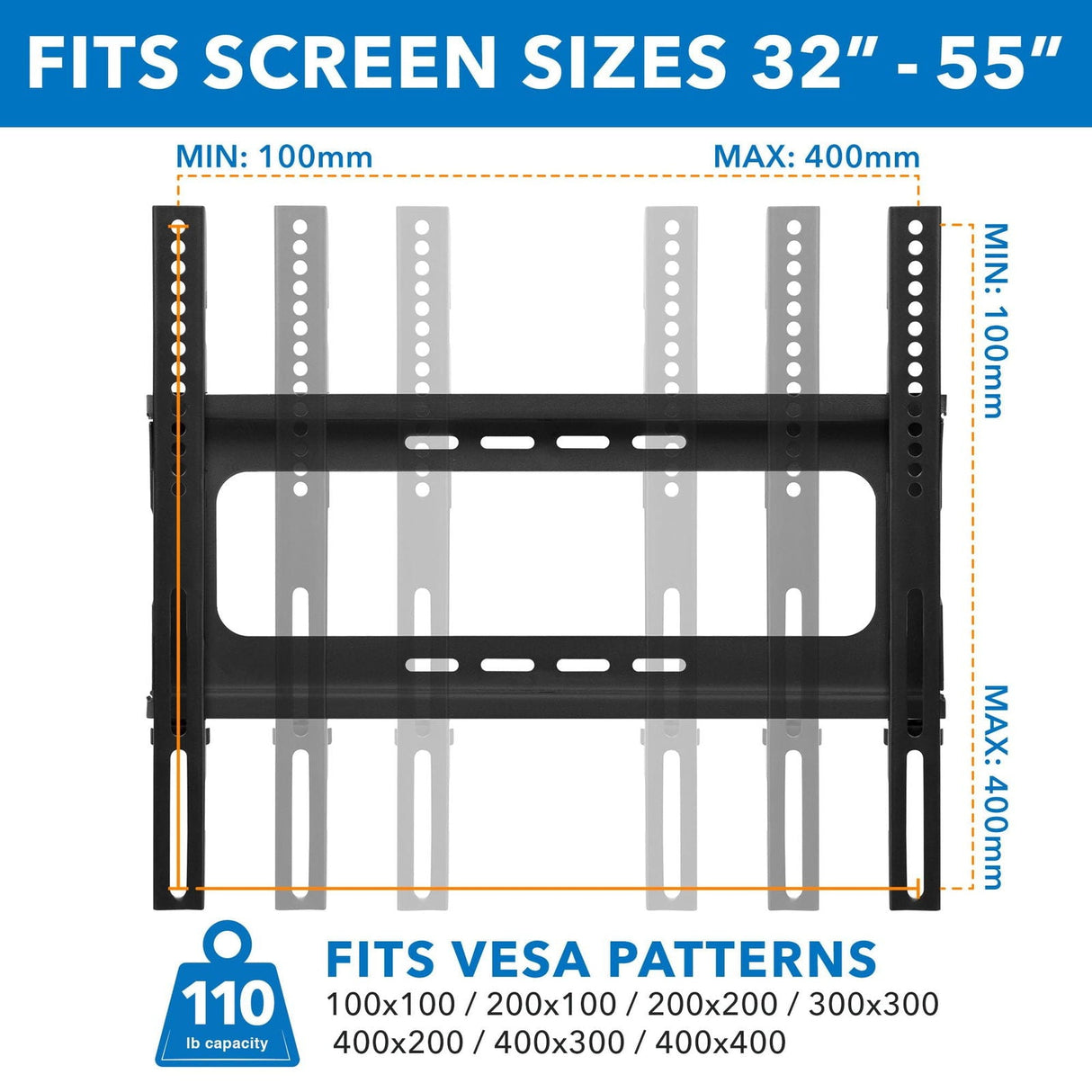 TV Stand - Height Adjustable TV Floor Stand with Mount | 2 Tempered Glass Shelves - Mount-It! - MI-1860