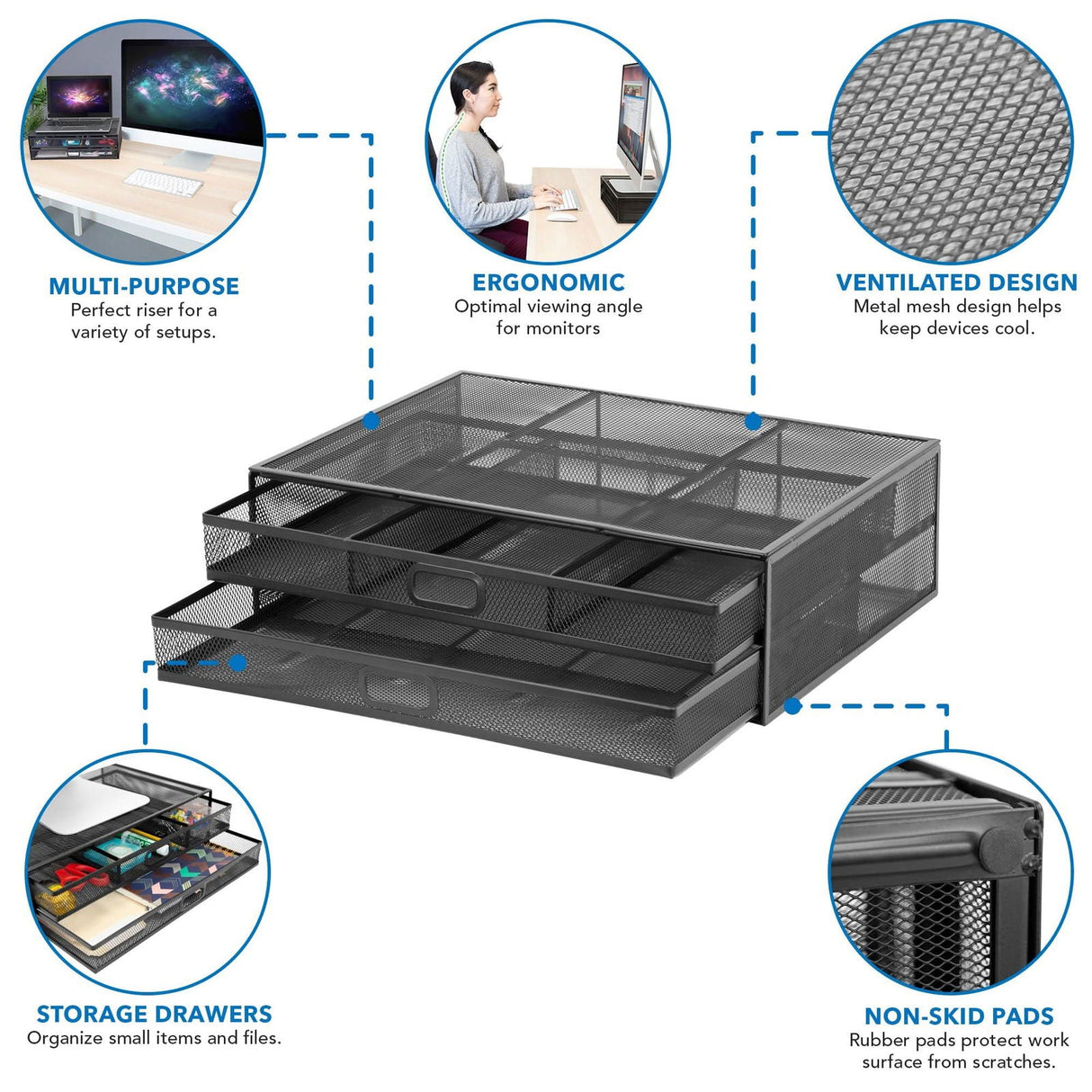 Monitor Risers - Mesh Computer Monitor Stand W/ Two Drawers - Mount-It! -