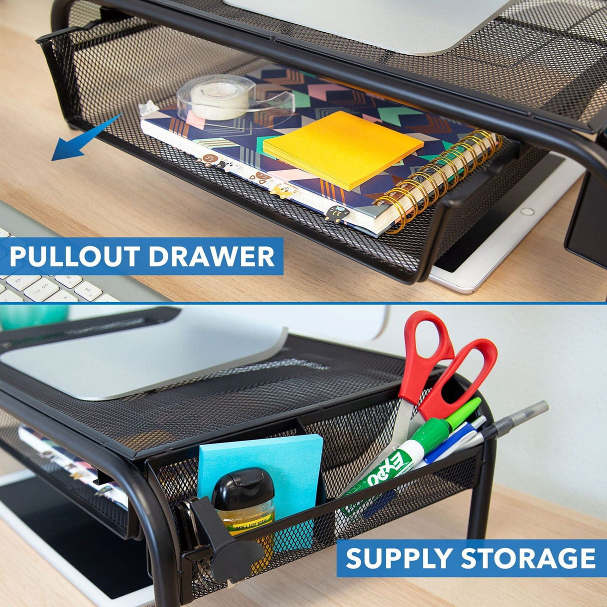 Monitor Risers - Metal Mesh Computer Monitor Stand and Riser with Pullout Drawer - Mount-It! - MI-7366