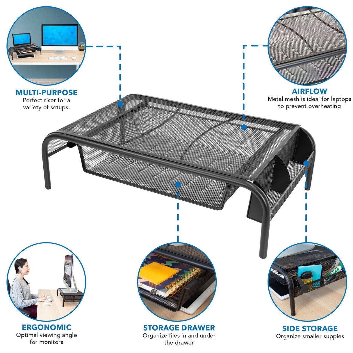 Monitor Risers - Metal Mesh Computer Monitor Stand and Riser with Pullout Drawer - Mount-It! - MI-7366