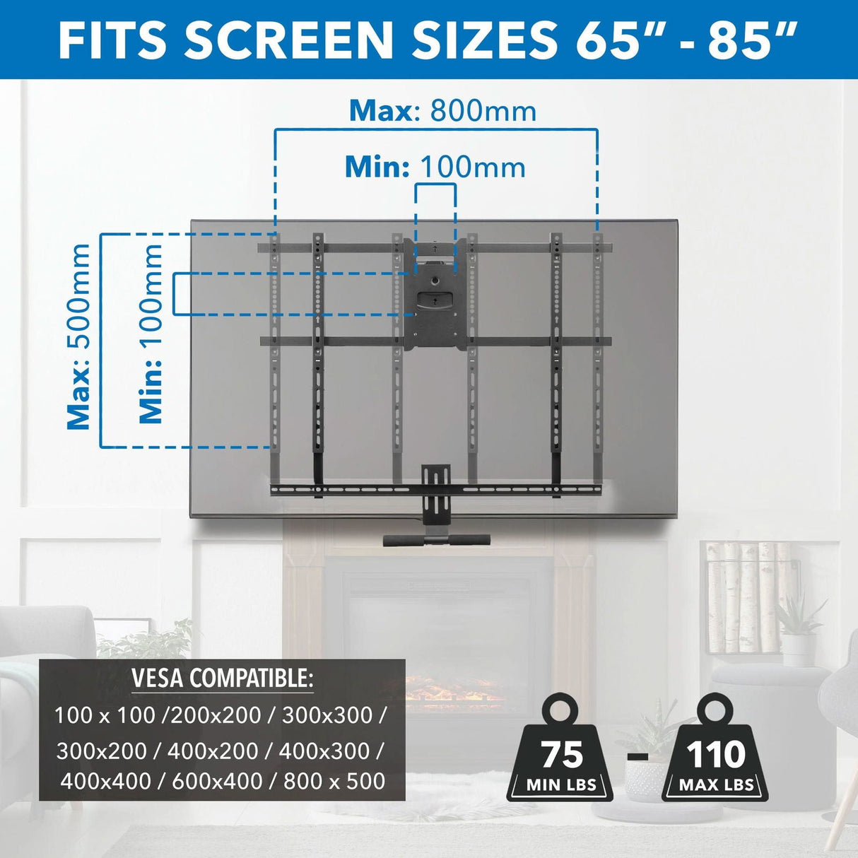 TV Mount - Pull Down Fireplace TV Mount - For TVs from 65" to 85" - Mount-It! - MI-384L