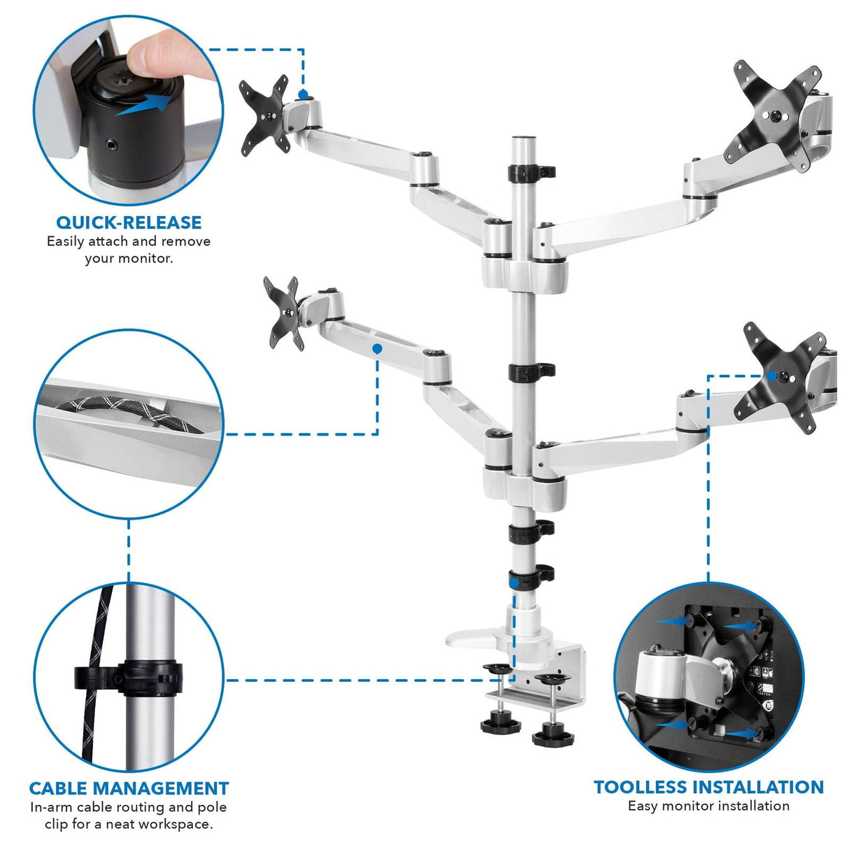 Silver Monitor Mount - CLiX Series Full Motion Quad Monitor Desk Mount - Mount-It! - MI-63156