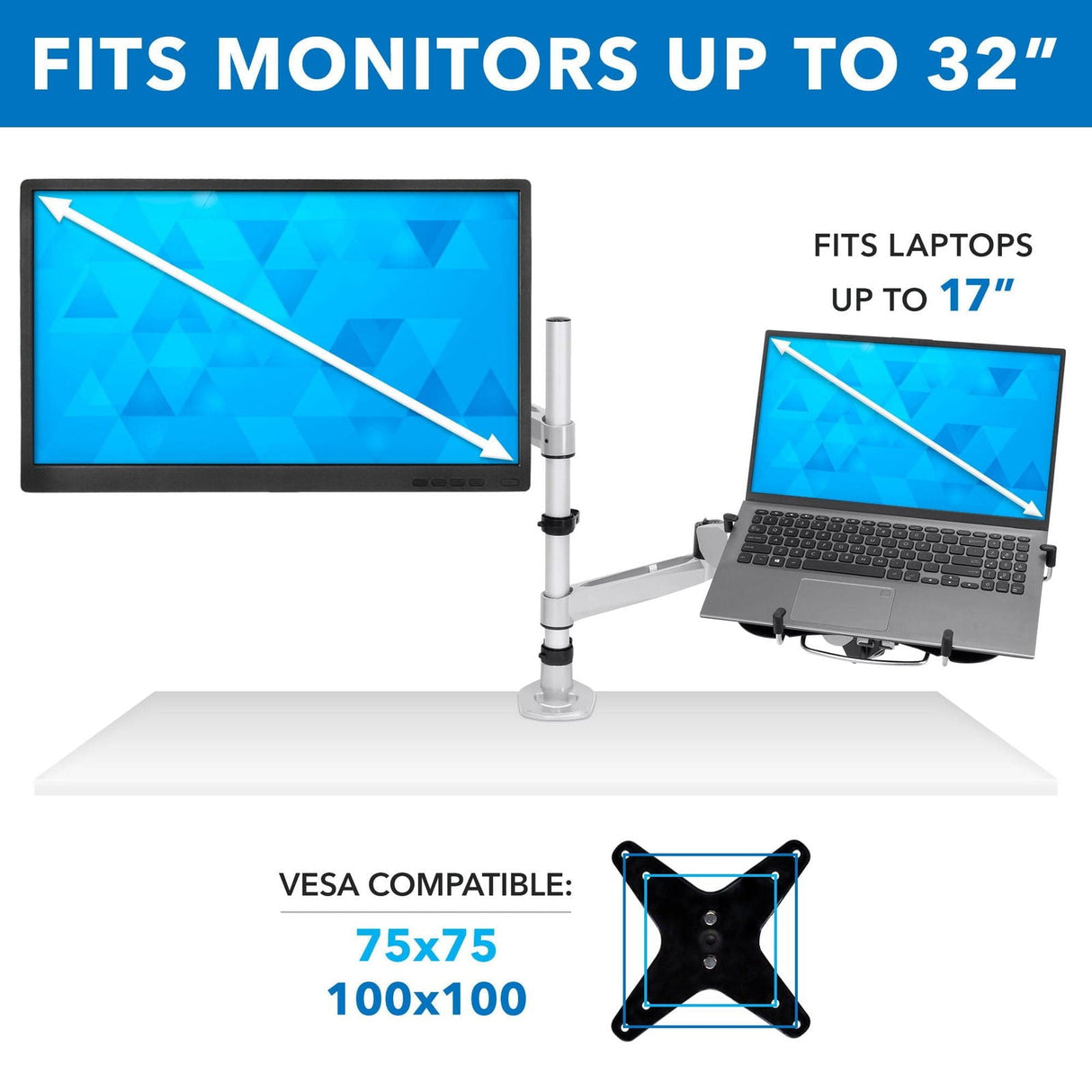 Silver Monitor Mount - CLiX Series Full Motion Single Monitor + Laptop Mount with Cooling Fan - Mount-It! - MI-75816