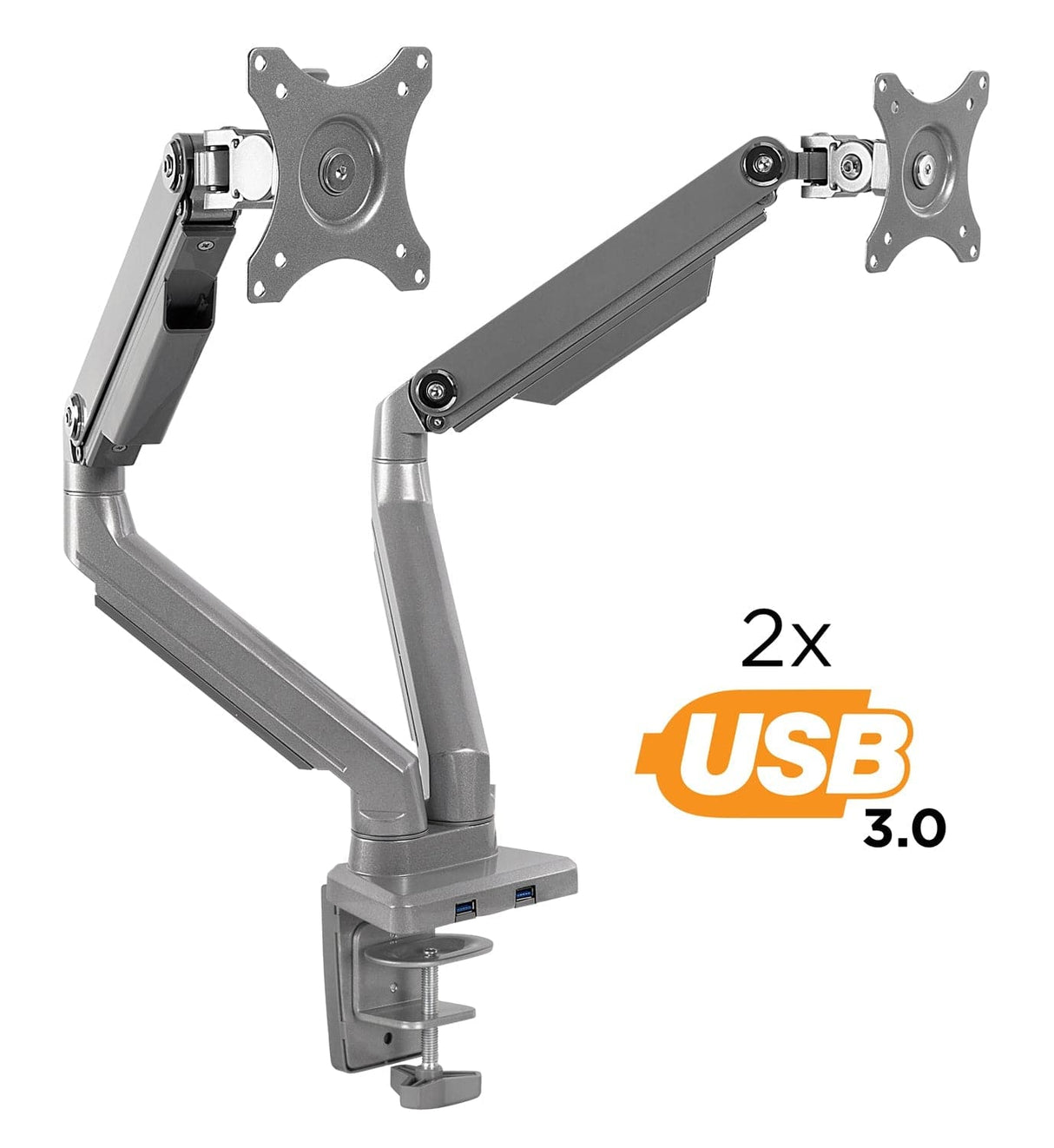 Silver Monitor Mount - Dual Monitor Desk Mount w/ USB Ports - Mount-It! - MI-2762