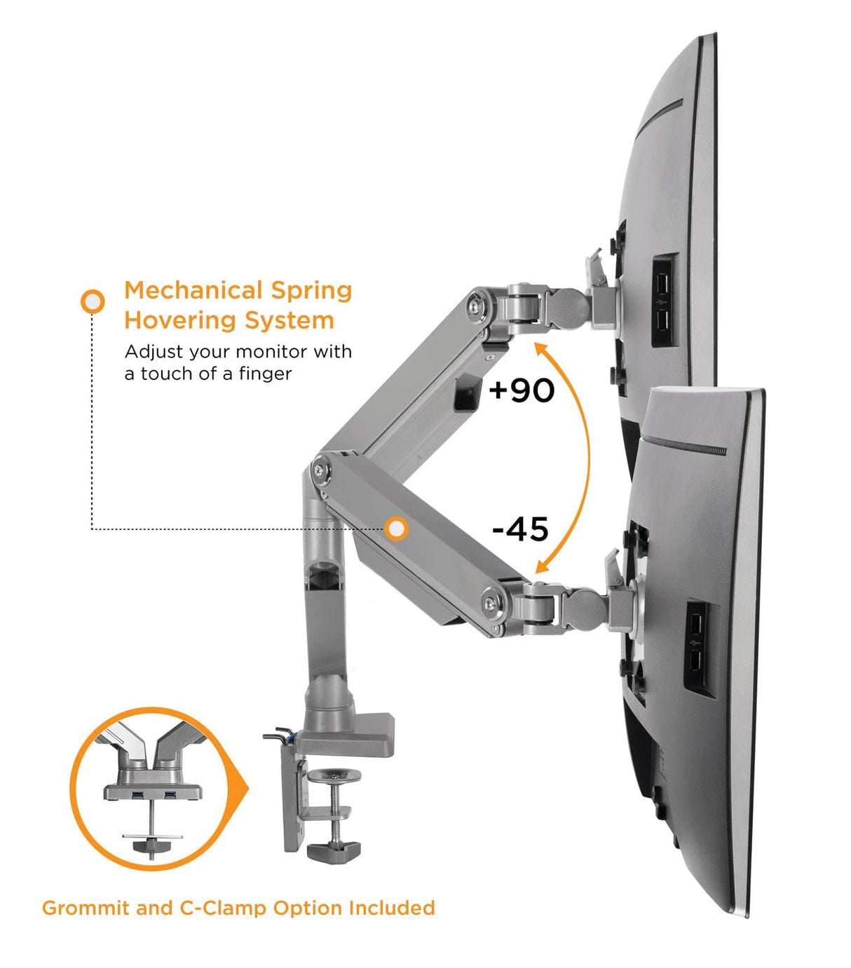 Silver Monitor Mount - Dual Monitor Desk Mount w/ USB Ports - Mount-It! - MI-2762