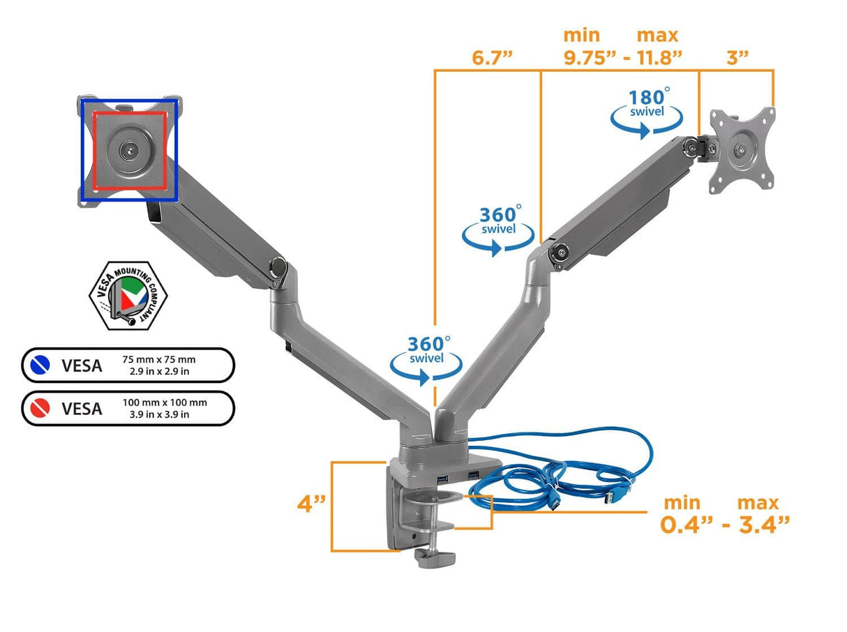 Silver Monitor Mount - Dual Monitor Desk Mount w/ USB Ports - Mount-It! - MI-2762