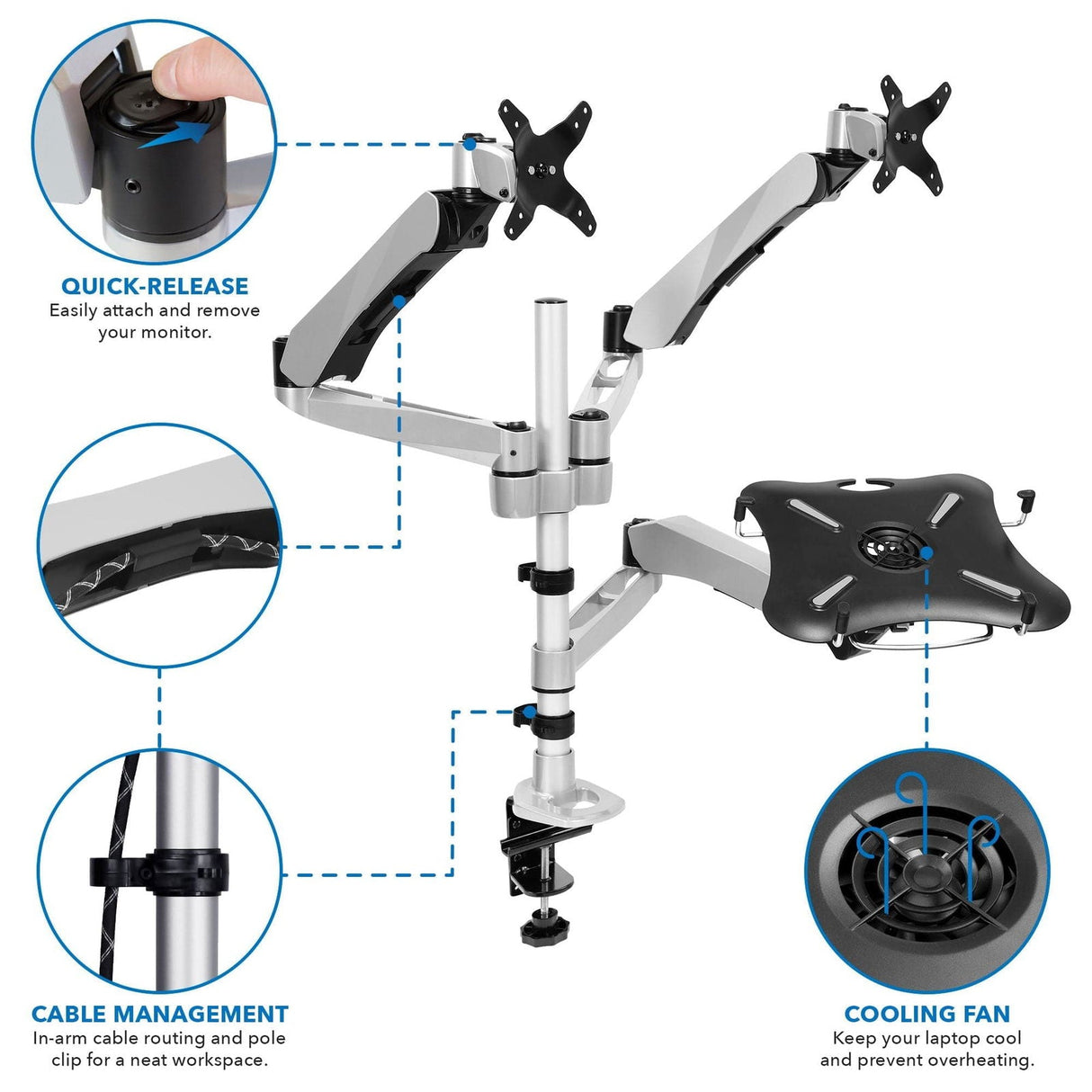 Silver Monitor Mount - Dual Monitor & Laptop Mount with Cooling Fan - Mount-It! - MI-75821