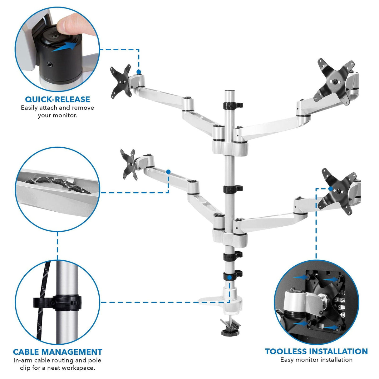 Silver Monitor Mount - Full Motion Quad Monitor Desk Mount - Mount-It! - MI-63151