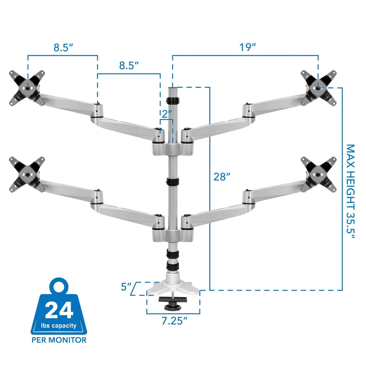 Silver Monitor Mount - Full Motion Quad Monitor Desk Mount - Mount-It! - MI-63151