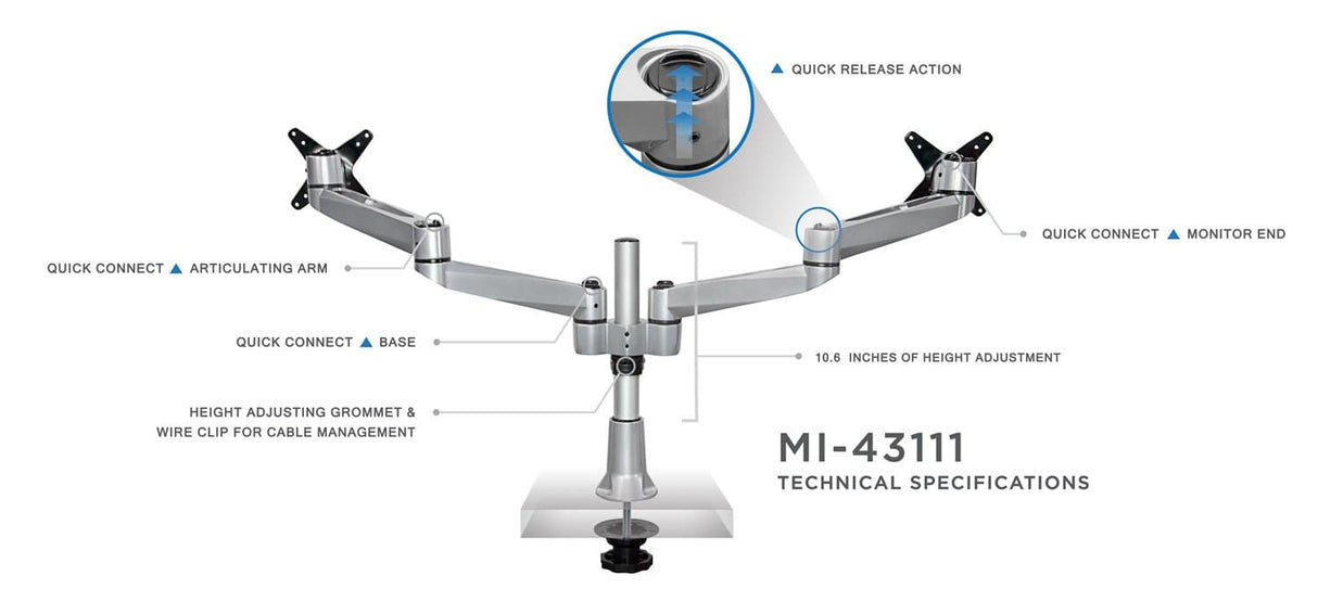 Silver Monitor Mount - Heavy Duty Articulating Dual Monitor Desk Mount - Mount-It! - MI-43111