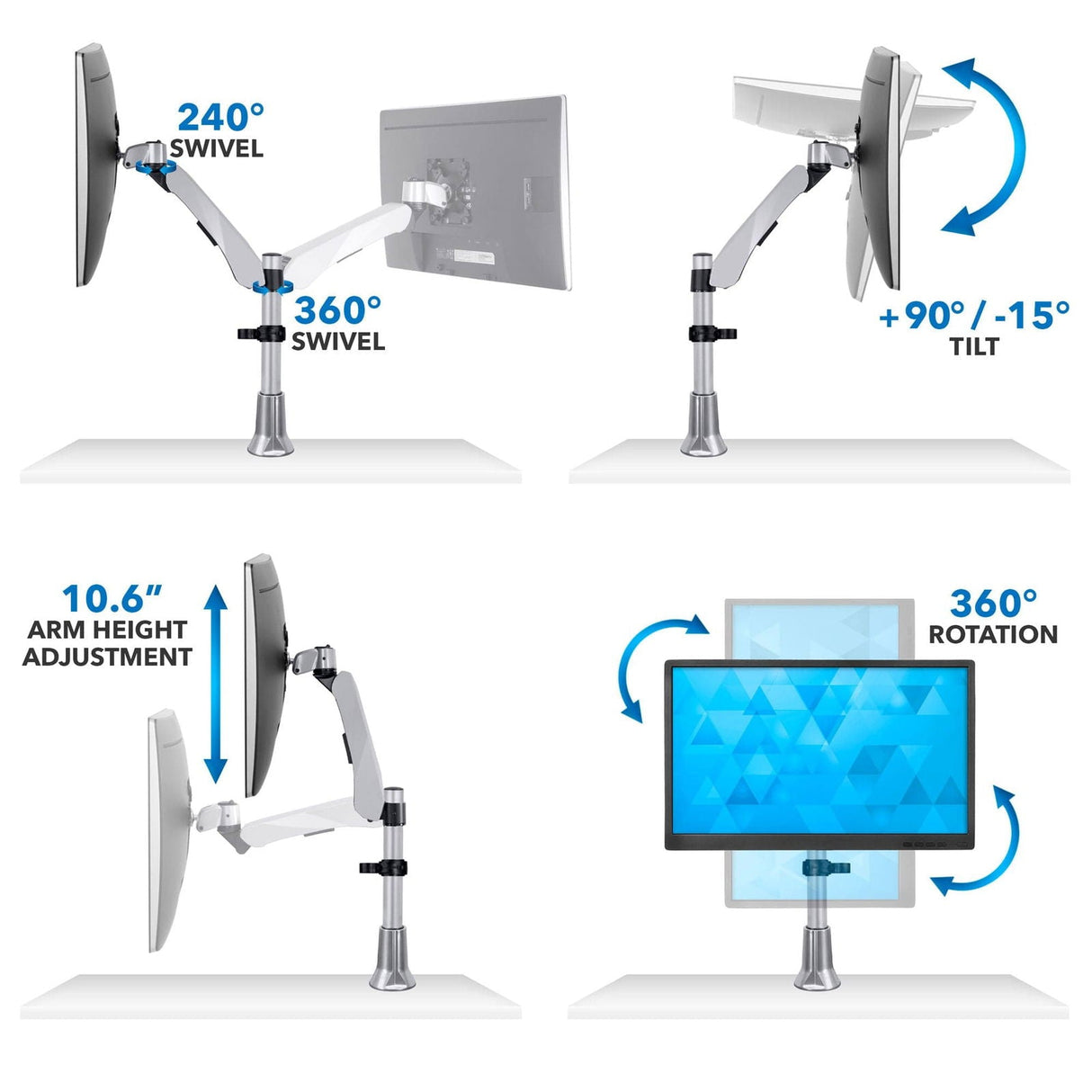 Silver Monitor Mount - Height Adjustable Single Monitor Desk Mount - Mount-It! - MI-34111