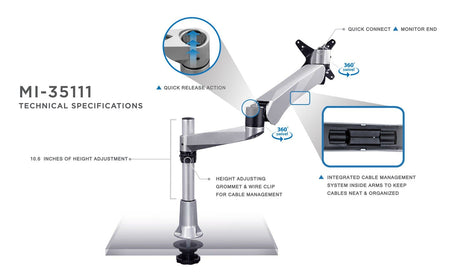 Silver Monitor Mount - Professional Spring Arm Single Monitor Desk Mount - Mount-It! - MI-35111