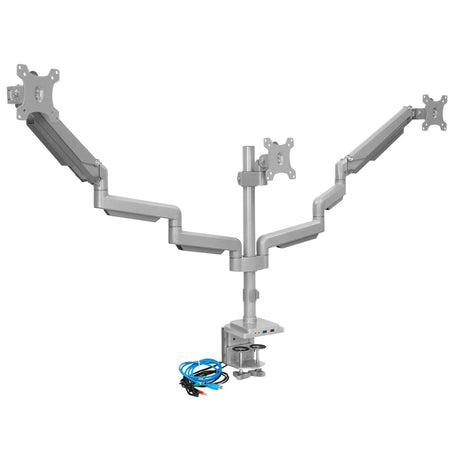 Silver Monitor Mount - Triple Monitor Desk Mount w/ USB, USB-C & Audio Ports - Mount-It! - MI-2753