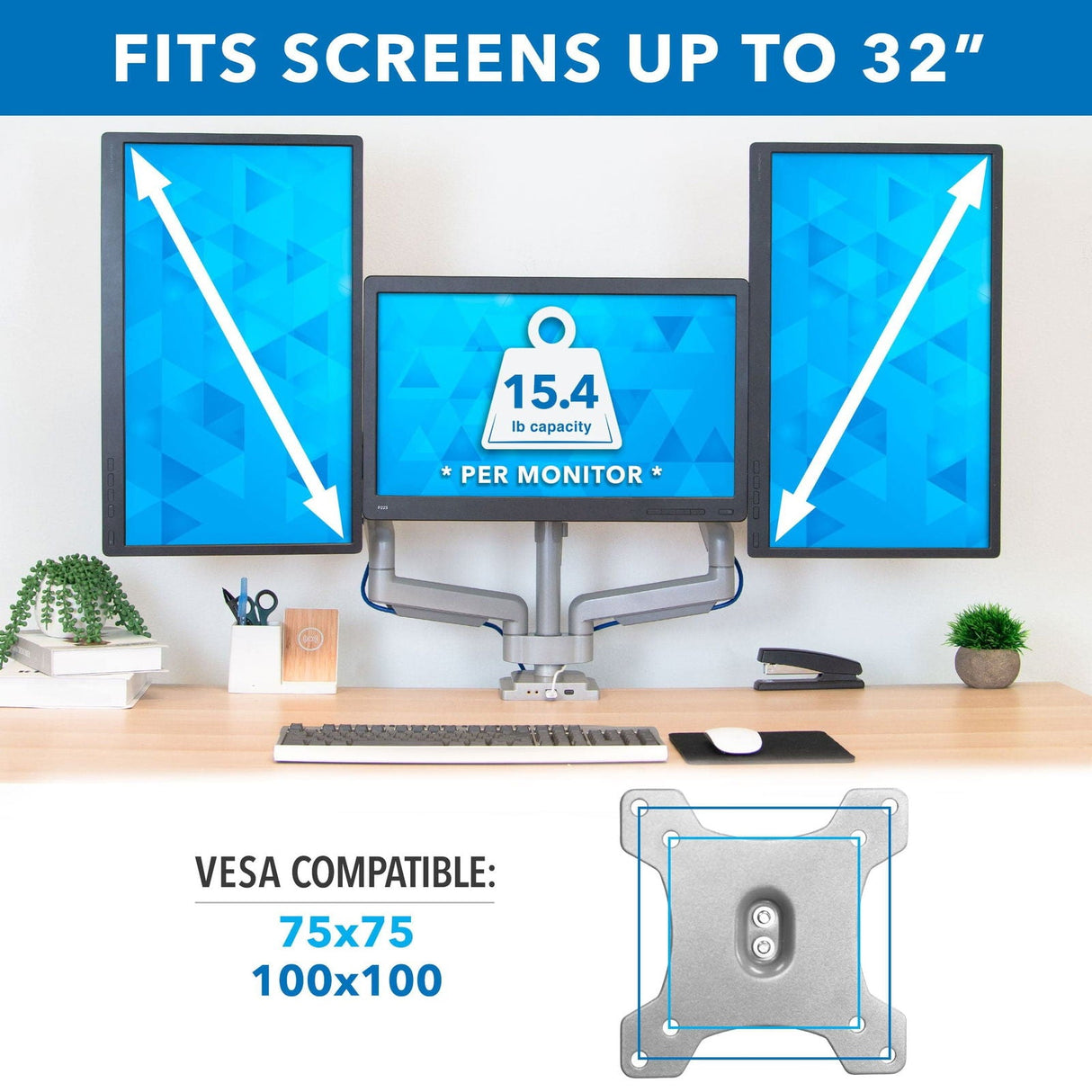 Silver Monitor Mount - Triple Monitor Desk Mount w/ USB, USB-C & Audio Ports - Mount-It! - MI-2753