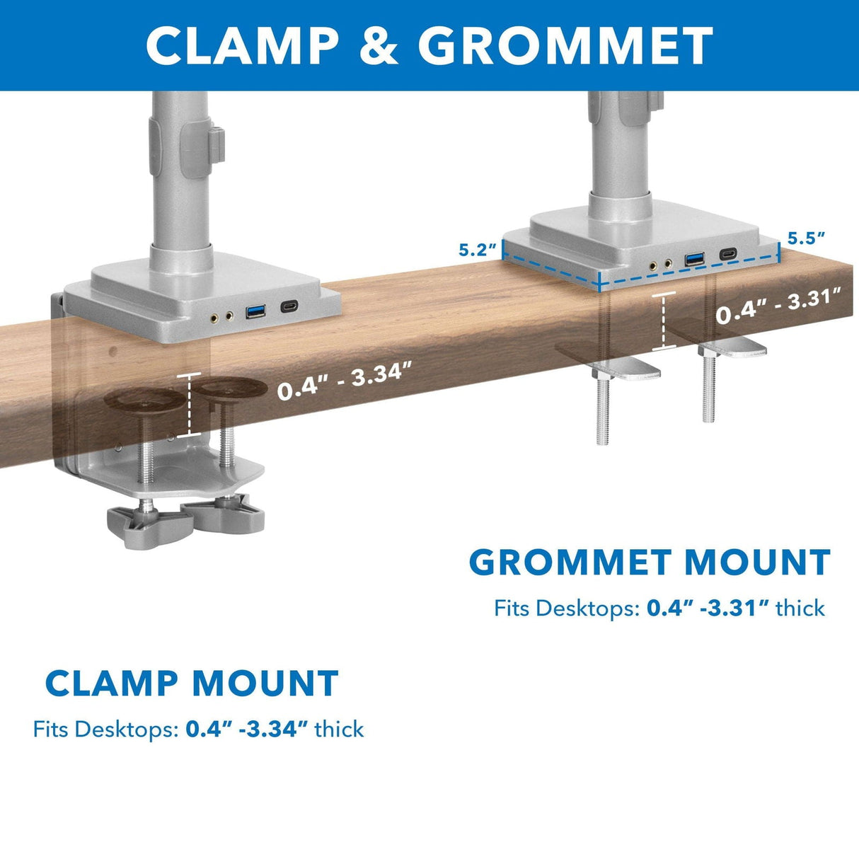 Silver Monitor Mount - Triple Monitor Desk Mount w/ USB, USB-C & Audio Ports - Mount-It! - MI-2753