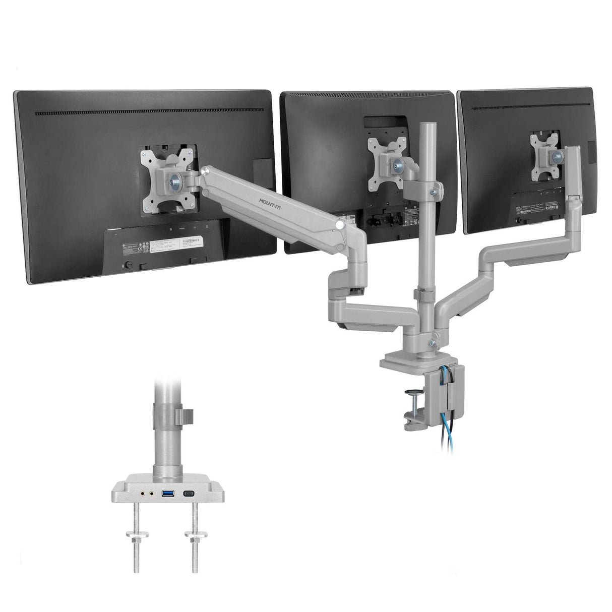 Silver Monitor Mount - Triple Monitor Desk Mount w/ USB, USB-C & Audio Ports - Mount-It! - MI-2753