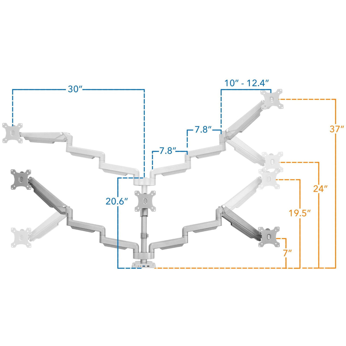 Silver Monitor Mount - Triple Monitor Desk Mount w/ USB, USB-C & Audio Ports - Mount-It! - MI-2753