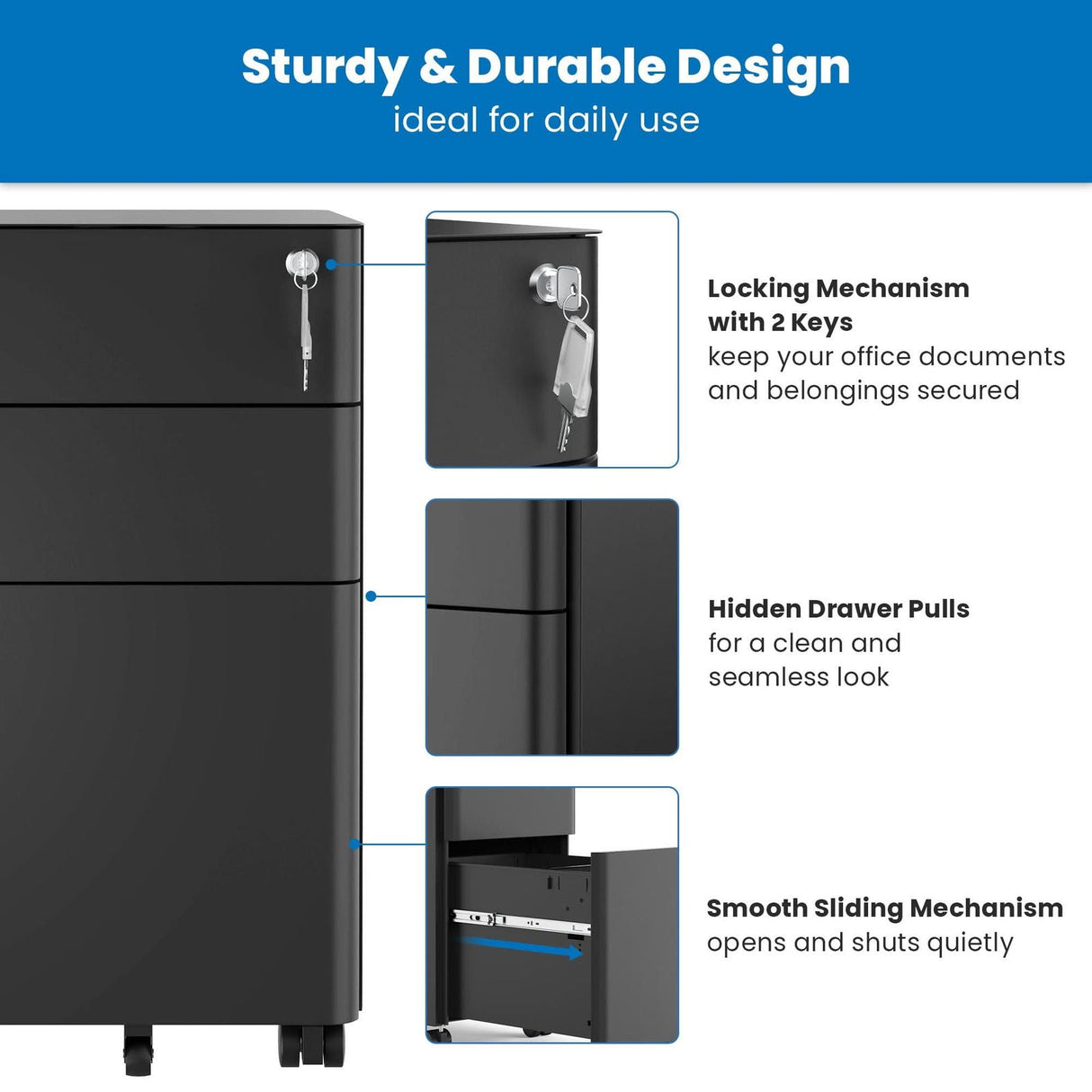 File Cabinet - Slim Rolling File Cabinet with 3 Drawers - Mount-It! -