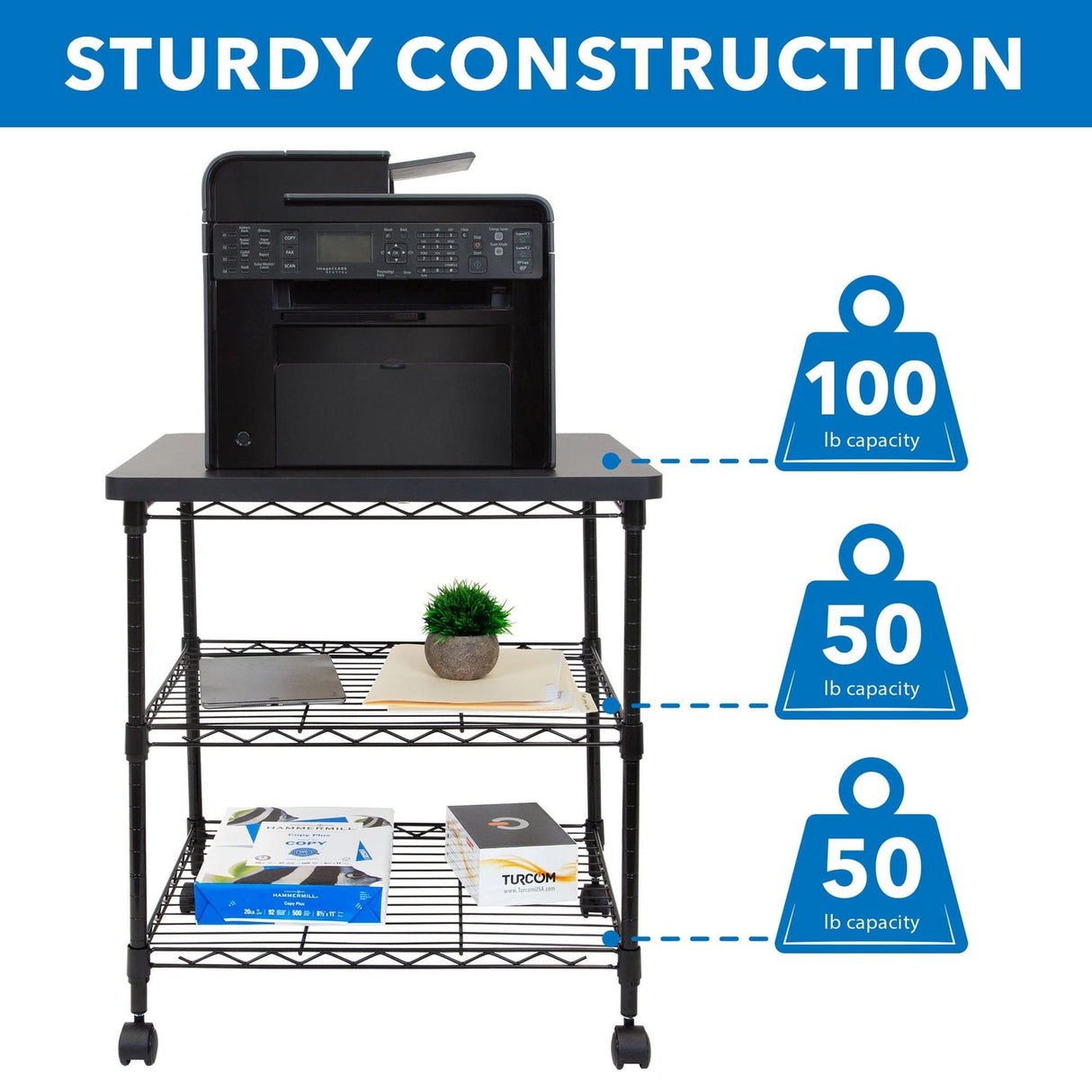 Printer Stand - Three-Tier Large Printer Cart with Wheels - Mount-It! - MI-7856