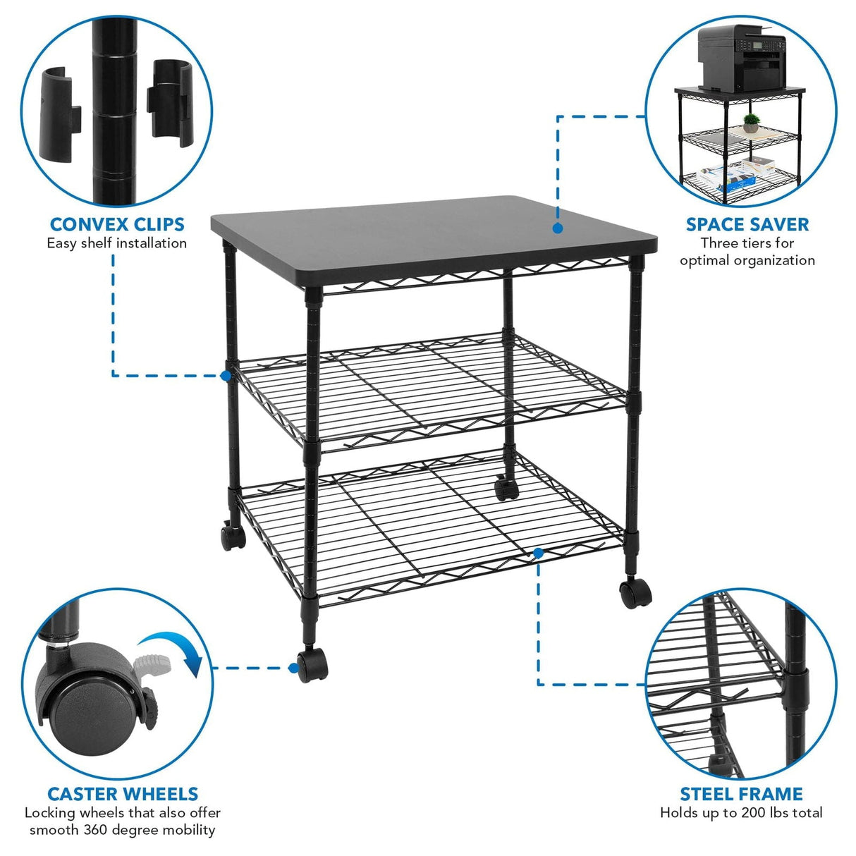 Printer Stand - Three-Tier Large Printer Cart with Wheels - Mount-It! - MI-7856