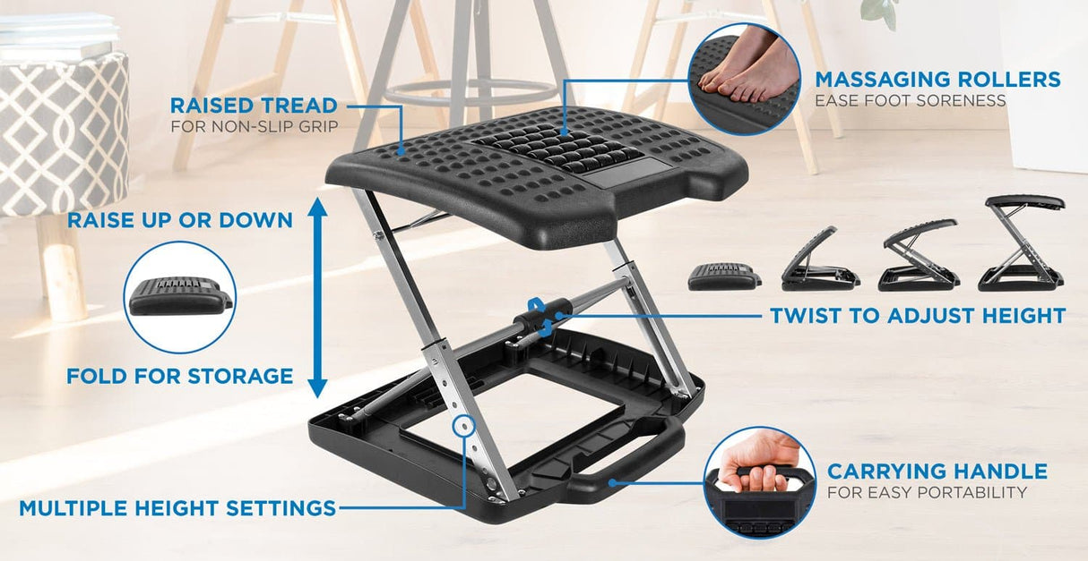 Footrests - Under Desk Footrest, Adjustable Height/Angle and Massaging Rollers - Mount-It! - MI-7808