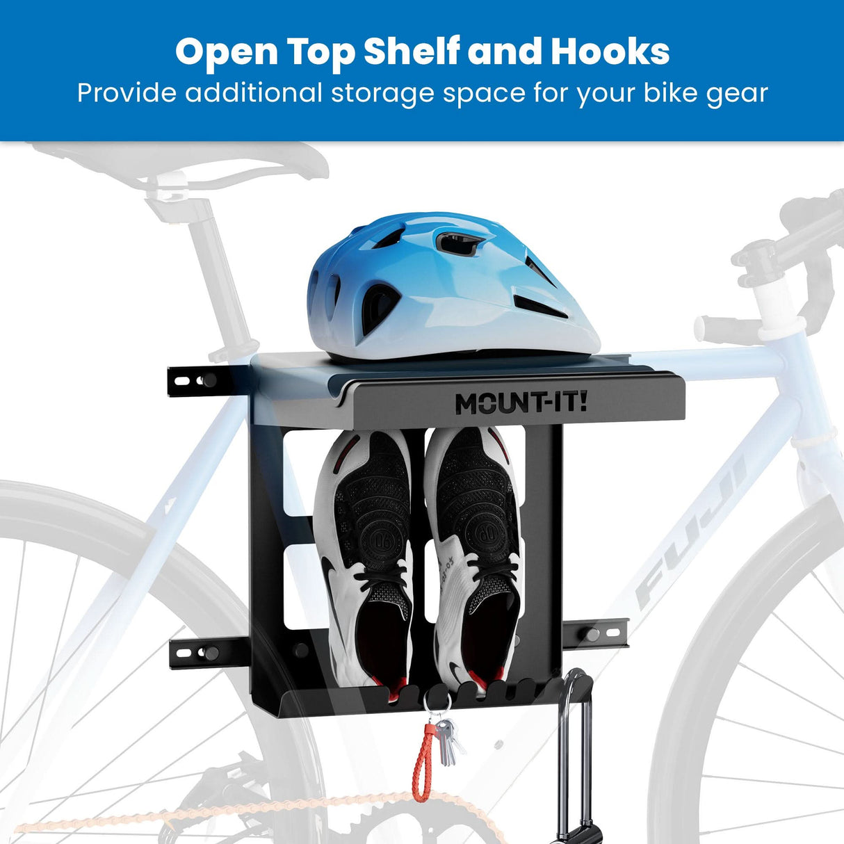 Bicycle Mount - WheelsUp Series Bike Wall Mount with Shelf and Hooks - Mount-It! -