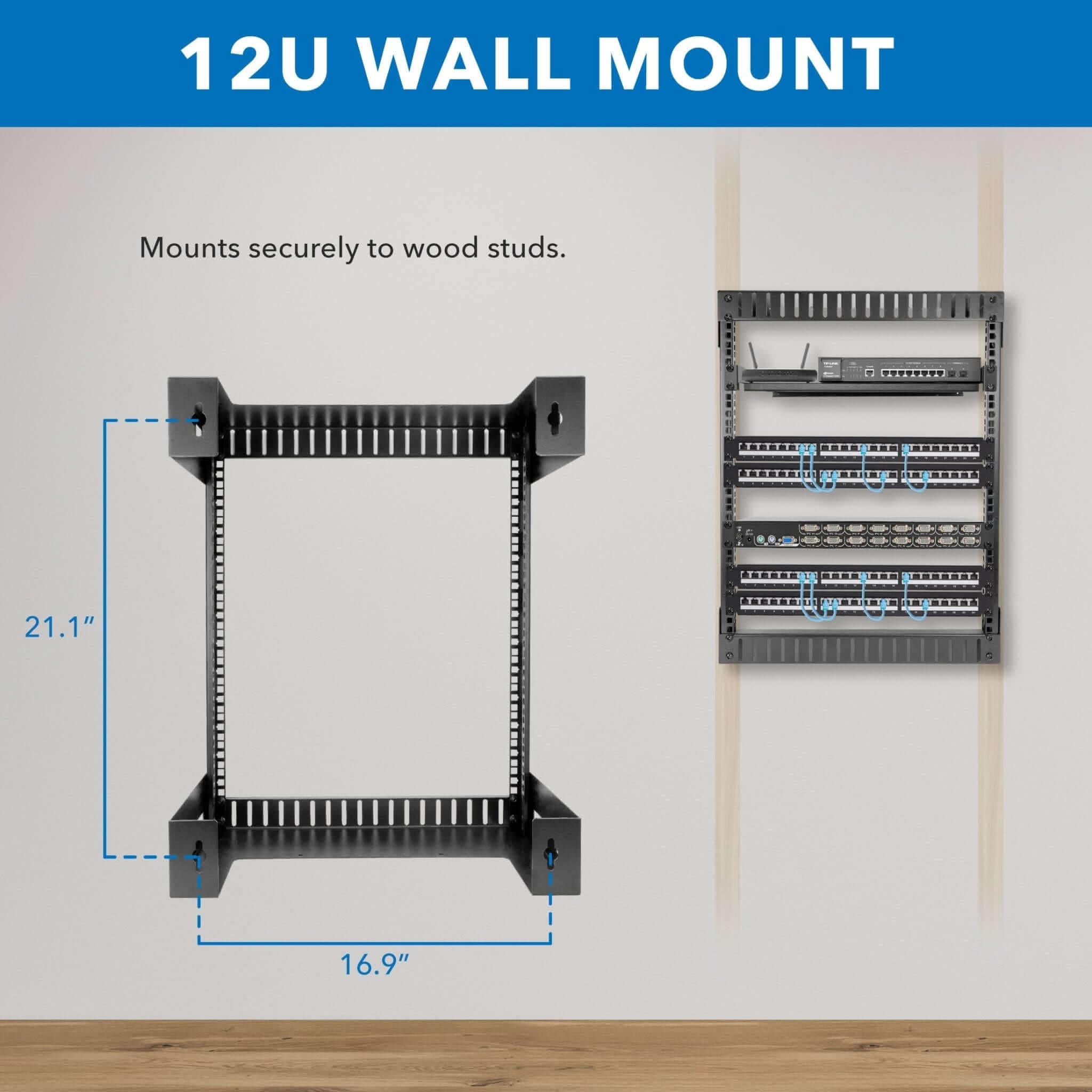12U Black Steel Open Frame Wall Rack - Mount-It!