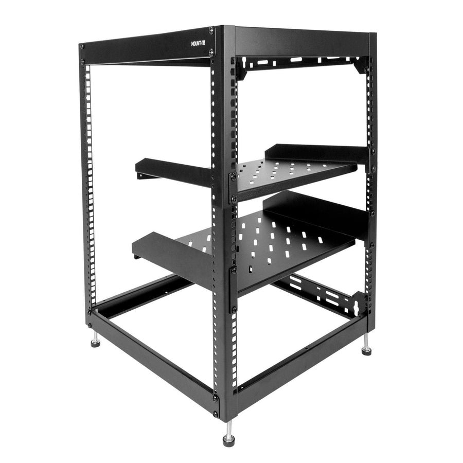15U 17" Black Steel Open Frame Server Rack with Adjustable Feet and Two Shelves - Mount-It!